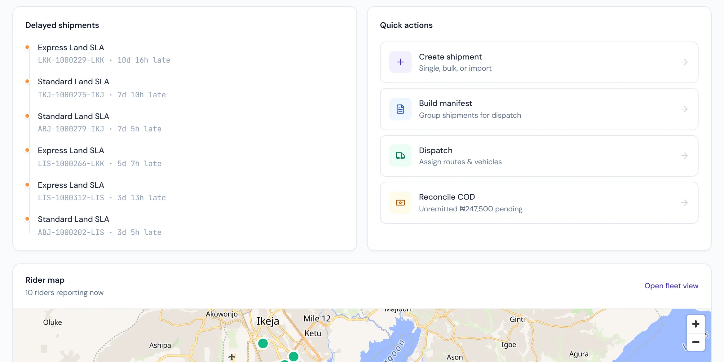 Hadapo overview: delayed shipments listed with how late each one is, next to the live driver map
