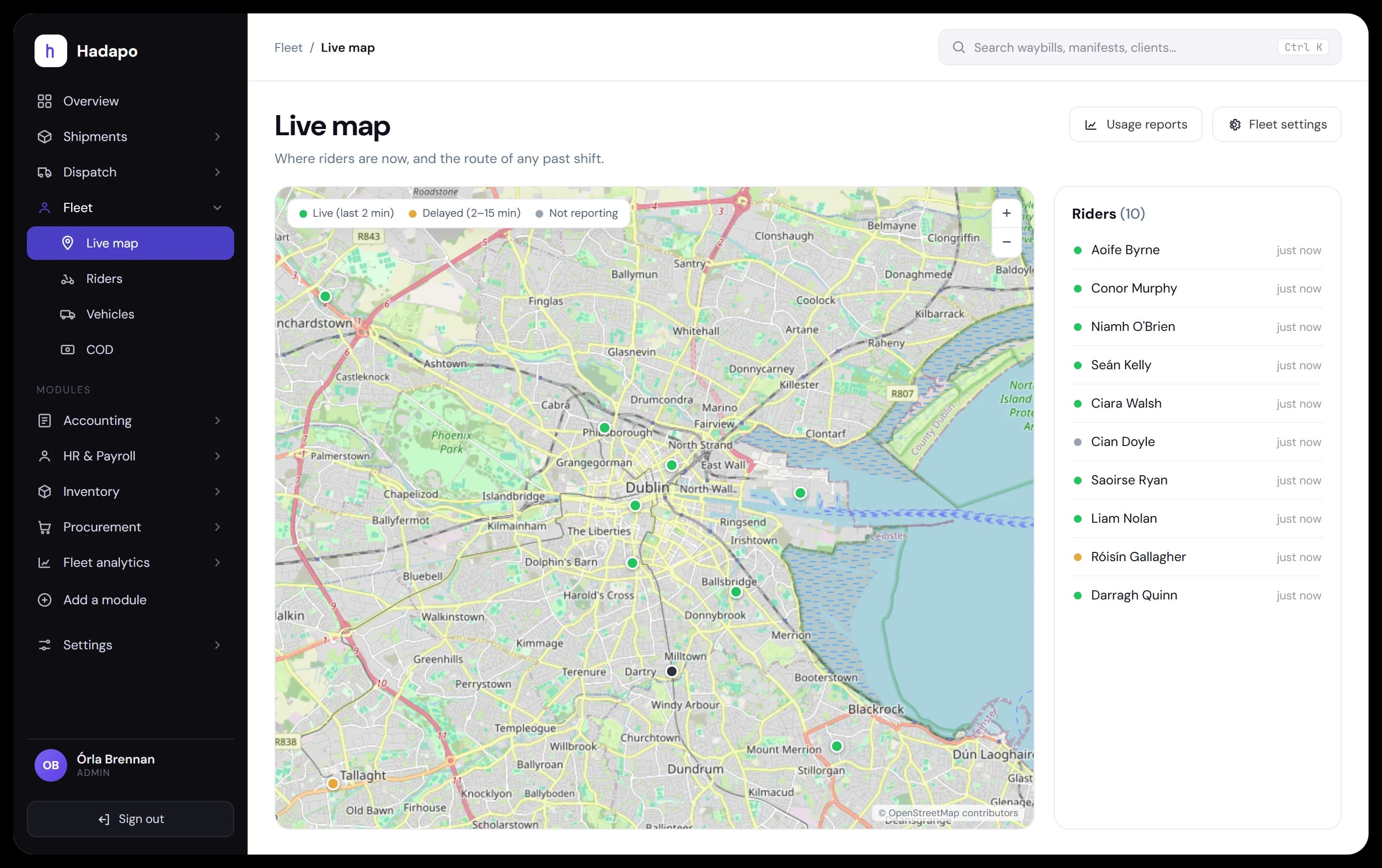 Hadapo live map: ten drivers on shift across the city, with the driver list beside the map