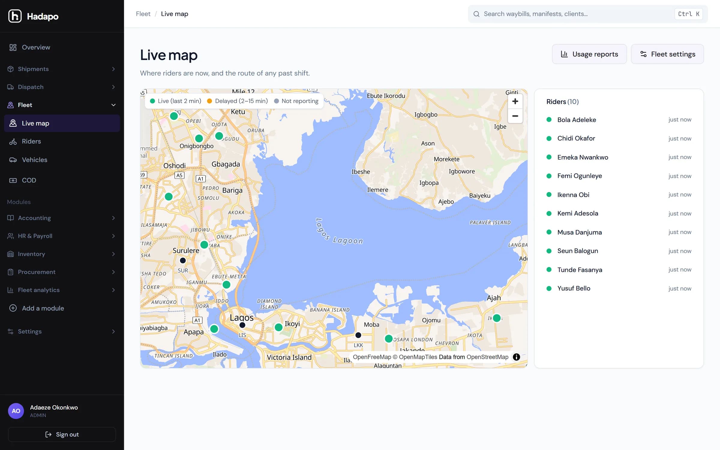 Hadapo live map: ten drivers on shift across the city, with the driver list beside the map